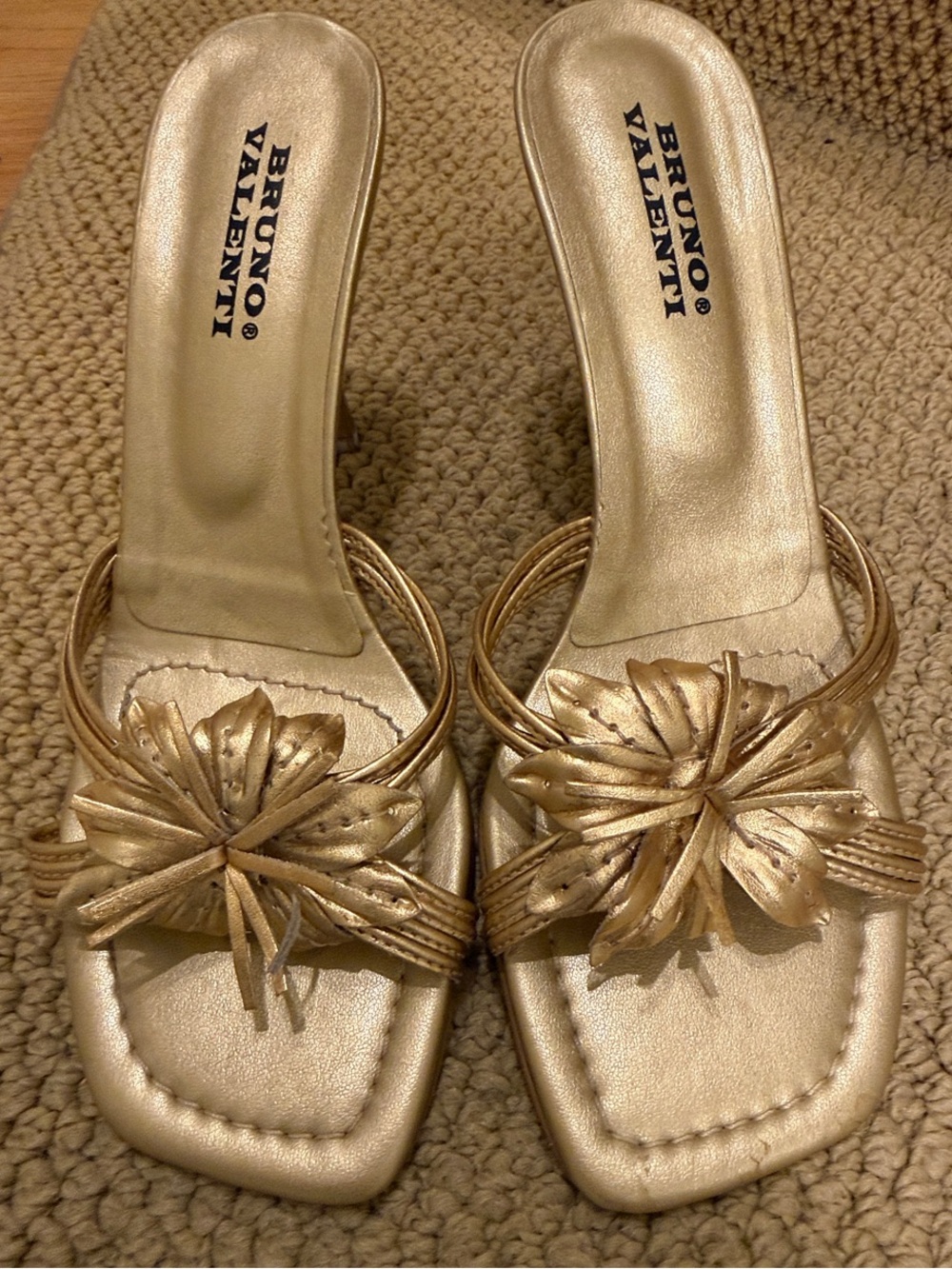 Bruno Valenti Gold Floral Leather Slip-On Mules